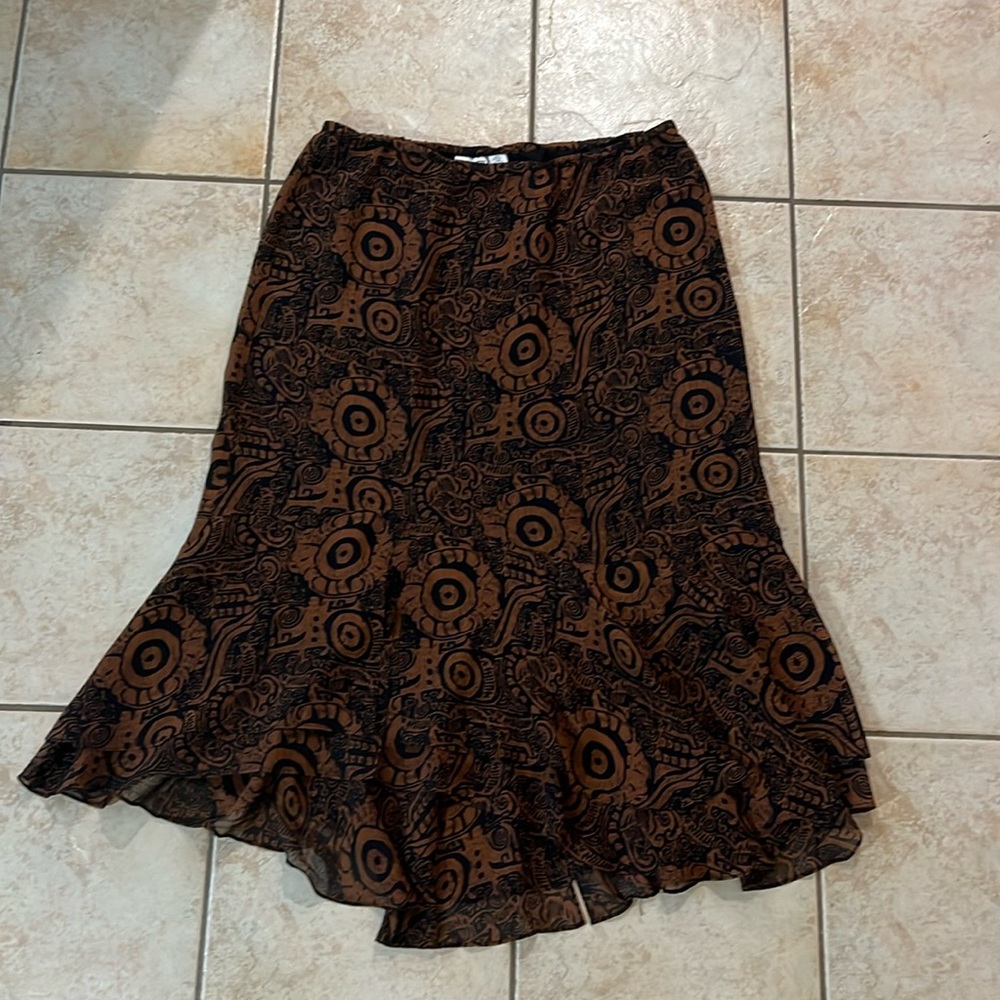 Chicos Silk Black &‎ Brown Tiered Printed Skirt Ruffle Bottom, Sz L (Chicos 2)